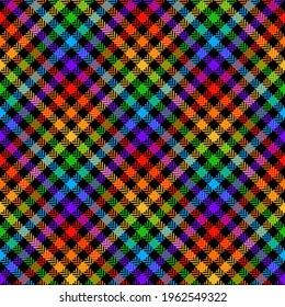 Vichy check pattern rainbow herringbone. Seamless colorful dark bright neon gingham buffalo tartan plaid in black, purple, blue, green, orange, red, yellow for modern autumn winter textile print.