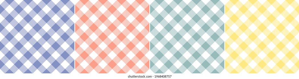 Vichy check pattern set in blue, coral, yellow, green, white. Seamless spring summer gingham backgrounds for Easter wallpaper, picnic blanket, tablecloth, oilcloth, other modern fashion fabric print.