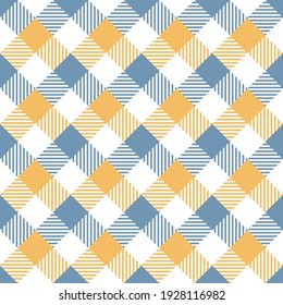 Vichy check pattern spring summer in blue, yellow, white. Seamless gingham plaid for dress, gift wrapping paper, tablecloth, tea towel, other modern everyday casual textile or paper print.
