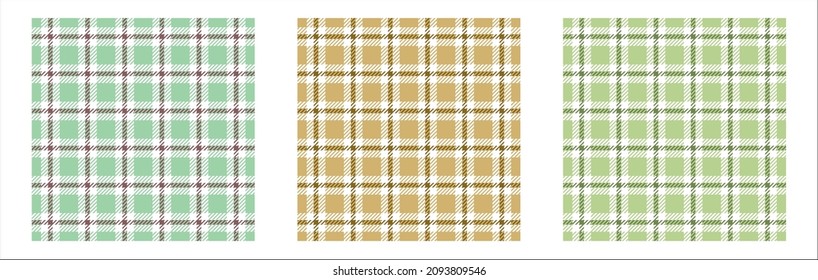 Vichy check patterns, tartan plaid, scarf, blanket, gingham texture for picnic tablecloth or napmins, checkered fabric. Pastel colors, set of seamless patterns. Vector illustration