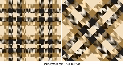 Vichy check plaid pattern in gold brown, black, beige for autumn, winter. Seamless herringbone textured gingham tartan vector for scarf, dress, flannel shirt, skirt, other modern fashion fabric print.