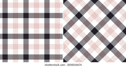 Vichy check plaid pattern set in black, pink, white. Seamless herringbone tartan gingham plaid vector for dress, jacket, coat, skirt, trousers, other modern spring autumn winter fashion fabric design.