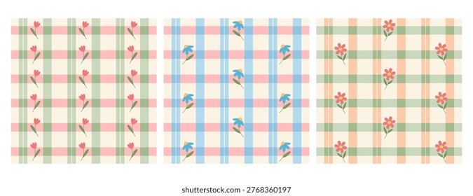 Vichy check seamless pattern, plaid square backgrounds with cute flowers in pastel color. Gingham floral, checkered spring geometric texture for fabric design, tablecloth textile print, picnic blanket