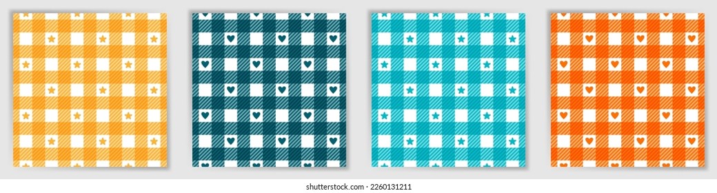 Vichy checkered endless ornament collection. British lumberjack plaid check fabric print set with stars and hearts. Vichy checkered geometric patterns for curtains textile print.
