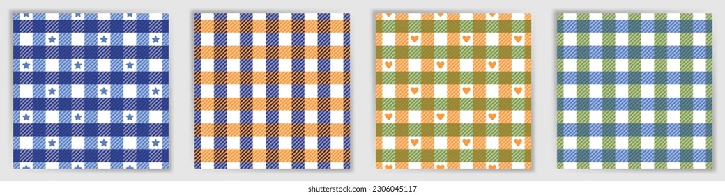 Vichy checkered endless pattern set. Popular lumberjack plaid check fabric print collection with stars and hearts. Vichy checkered striped swatches for garment textile print.