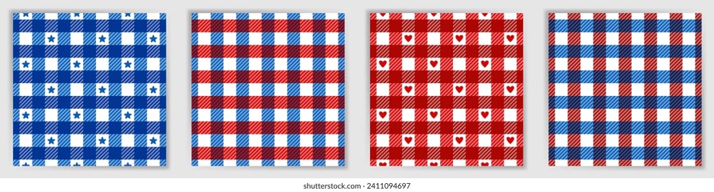 Vichy checkered endless pattern set. Fashionable lumberjack plaid check fabric print collection with stars and hearts. Vichy checkered geometric swatches for blanket textile print.