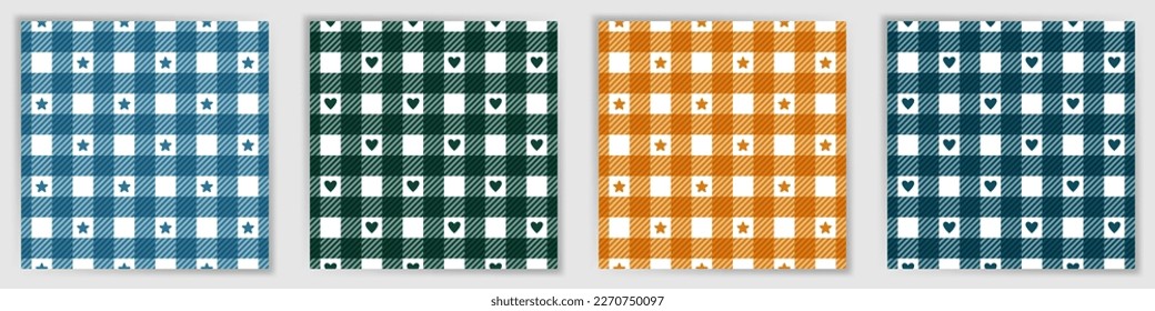 Vichy verificó un conjunto de ornamentos sin fisuras. Moderna colección de impresiones textiles con estrellas y corazones. Patrones de rayas a cuadros de Vichy para la impresión de tela de ropa masculina.