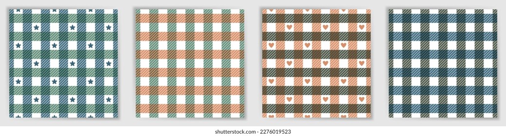 Vichy checkered seamless ornament set. Irish lumberjack plaid check textile print collection with stars and hearts. Vichy checkered geometric ornaments for poncho fabric print.