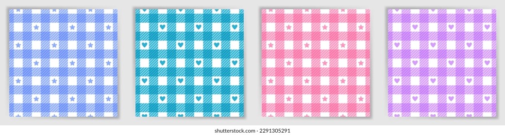 Vichy verificó un conjunto de ornamentos sin fisuras. Cute lumberjack plaid marca la colección de impresiones textiles con estrellas y corazones. Ornamentos geométricos Vichy a cuadros para la impresión de tejidos de pañuelos.