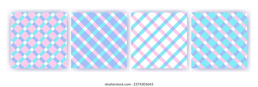 Vichy diagonal seamless pattern set in pastel colors for pink doll. Gingham design Birthday, Easter holiday textile decorative. Vector check plaid patterns fabric - picnic blanket, tablecloth, dress,.