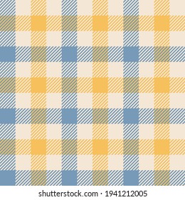 Vichy pattern seamless vector in blue, yellow, off white. Gingham check background striped graphic for tablecloth, oilcloth, towel, picnic blanket, other modern spring summer fashion fabric design.