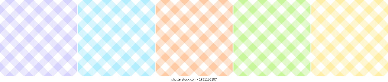 Vichy pattern set for Easter designs in pastel purple, blue, orange, green, yellow, white. Spring summer textured gingham checked plaid for tablecloth, picnic blanket, oilcloth, other textile print.