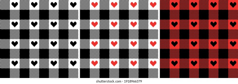 Vichy pattern set with pixel hearts in black, red, white. Seamless Scottish tartan gingham textured check plaids for dress, tablecloth, gift wrapping paper, or other trendy Valentines Day design.