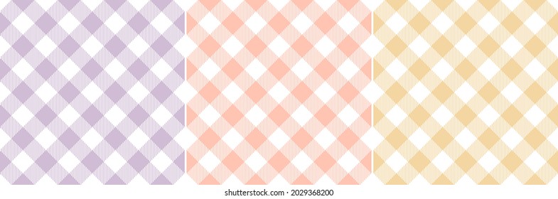 Patrón vichy para el verano primavera en lila pastel morado, naranja, amarillo, blanco. Impresión vectorial de gingham sin foco para manteles, manteles de aceites, manta de picnic, otro diseño moderno de tela de moda.