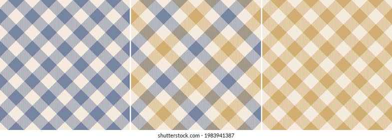 Vichy pattern texture set in blue, gold, off white. Seamless striped texture. Gingham check vector for tablecloth, oilcloth, picnic blanket, dress, other modern spring autumn fashion textile print.