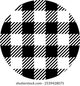 A vichy round pattern. A circular design featuring a classic buffalo check pattern in black and white, with solid black squares alternating with diagonal striped squares in a checkered arrangement.