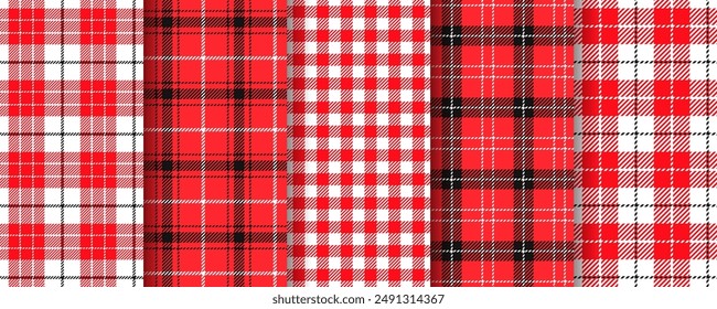 Vichy seamless background. Check red black pattern. Set tartan gingham prints. Plaid Christmas cloth. Lumberjack table cloth texture. Flannel tablecloth. Kitchen napkin textile. Vector illustration   