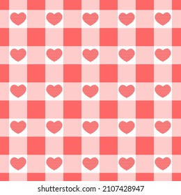 Vichy seamless pattern with dotted hearts. Checkered Valentine day texture for picnic blanket, tablecloth, plaid. Fabric background, retro gingham design. Vector flat illustration. Top view