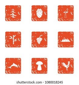 Vicinity of the mountain icons set. Grunge set of 9 vicinity of the mountain vector icons for web isolated on white background