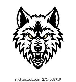 Mascota viciosa de cabeza de lobo blanco y negro con ojos amarillos