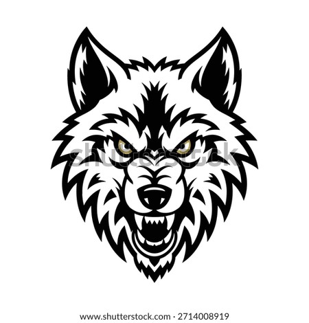 Vicious Black and White Wolf Head Mascot with Yellow Eyes