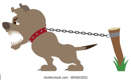 A vicious cartoon guard dog is straining at his chain and barking