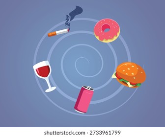 
Vicious Circle Full of Human Vices Vector Concept Illustration. Various unhealthy habits listed such as eating fast food, desserts, and drinking alcoholic beverages or soda