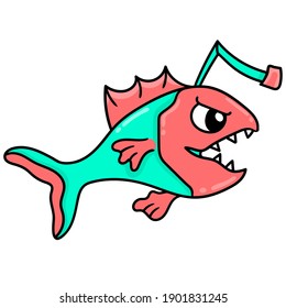 vicious sharp toothed fish from deep red waters, doodle draw kawaii. vector illustration art