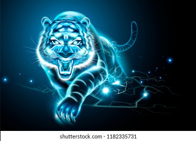 Vicious tiger with lightning effect in blue tone