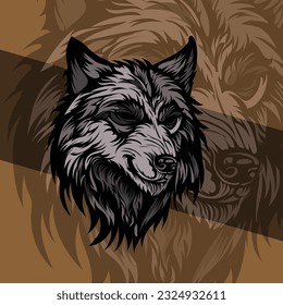 Vicious wolf head detail illustration mascot aggressive roaring in mid night