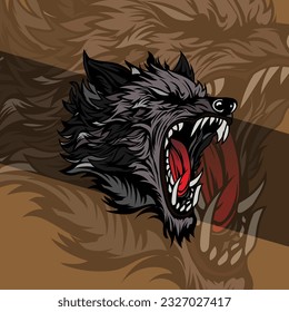 Vicious wolf head detail illustration mascot aggressive roaring in mid night