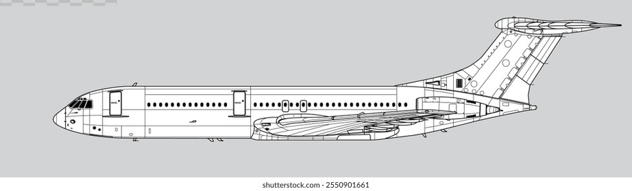 Vickers VC10 Type 1100. Vector drawing of passenger jet airliner. Side view. Image for illustration and infographics.