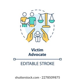 Victim advocate concept icon. Professional attorney support. Career in advocacy abstract idea thin line illustration. Isolated outline drawing. Editable stroke. Arial, Myriad Pro-Bold fonts used