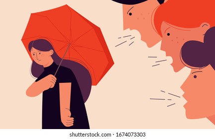 Victim blaming concept vector illustration with a girl trying to hide from her offenders under an umbrella.