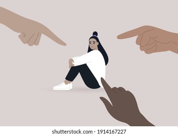 Victim blaming, cyberbullying, and other forms of public judgement, a young female Asian character surrounded by pointing fingers