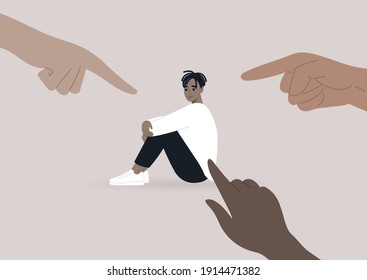 Victim blaming, cyberbullying, and other forms of public judgement, a young male Black character surrounded by pointing fingers