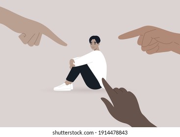 Victim blaming, cyberbullying, and other forms of public judgement, a young male Asian character surrounded by pointing fingers