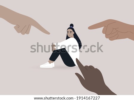 Victim blaming, cyberbullying, and other forms of public judgement, a young female Asian character surrounded by pointing fingers