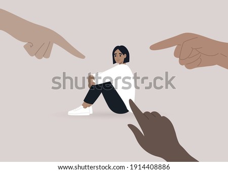 Victim blaming, cyberbullying, and other forms of public judgement, a young female character surrounded by pointing fingers