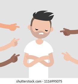 Victim of a bullying. Fingers pointing on the upset character. Mocking. Сonviction of the crowd. Flat editable vector illustration, clip art