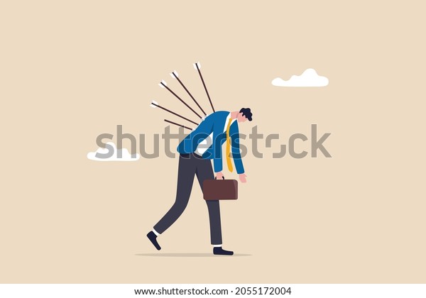 Victim from business betrayal, pain from failure or\
stressed, anxiety and violence by social bullying, overworked\
problem concept, depressed exhausted businessman walking with\
painful bows on his\
back