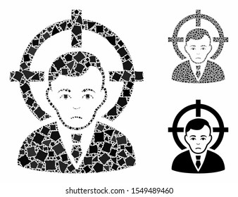 Victim businessman composition of unequal parts in variable sizes and shades, based on victim businessman icon. Vector unequal parts are united into composition.