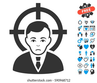 Victim Businessman icon with bonus decoration symbols. Vector illustration style is flat iconic blue and gray symbols on white background.