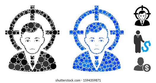 Victim businessman mosaic of circle elements in various sizes and color tones, based on victim businessman icon. Vector circle elements are composed into blue mosaic.