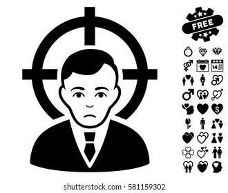Victim Businessman pictograph with bonus valentine pictures. Vector illustration style is flat iconic black symbols on white background.