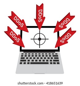 Victim computer laptop with target lock has Distributed Denial of Service ddos attack concept design. Vector illustration cyber crime in computer security concept.