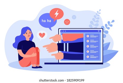 Victim of cyber bullying. Sad girl crying and reading abuse comments on social media chat. Flat vector illustration for hate, violence on internet, stress, aggression concept