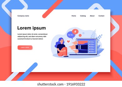 Victim of cyber bullying. Sad girl crying and reading abuse comments on social media chat. Flat vector illustration for hate, violence on internet, stress, aggression concept
