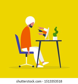 A victim of cyberbullying sitting at the computer. Racism. Pointing fingers of haters. Internet aggression. Modern life issues. Millennials. Flat editable vector illustration, clip art