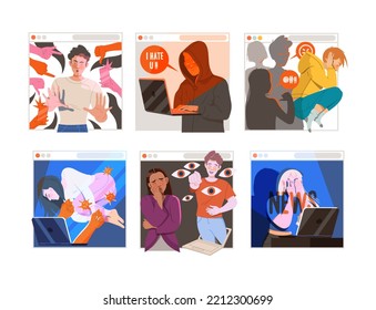 Victim of Cyberbullying Suffering from Violence and Hatred from Social Media Vector Illustration Set